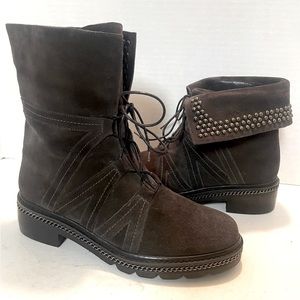 STUART WEITZMAN YADASTUD BIKER BOOTS SUEDE STUDDED FOLDOVER GRIVEL